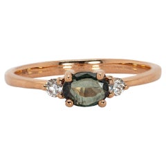 Three Stone Alexandrite and Natural Diamond Ring in Solid 14K Rose Gold