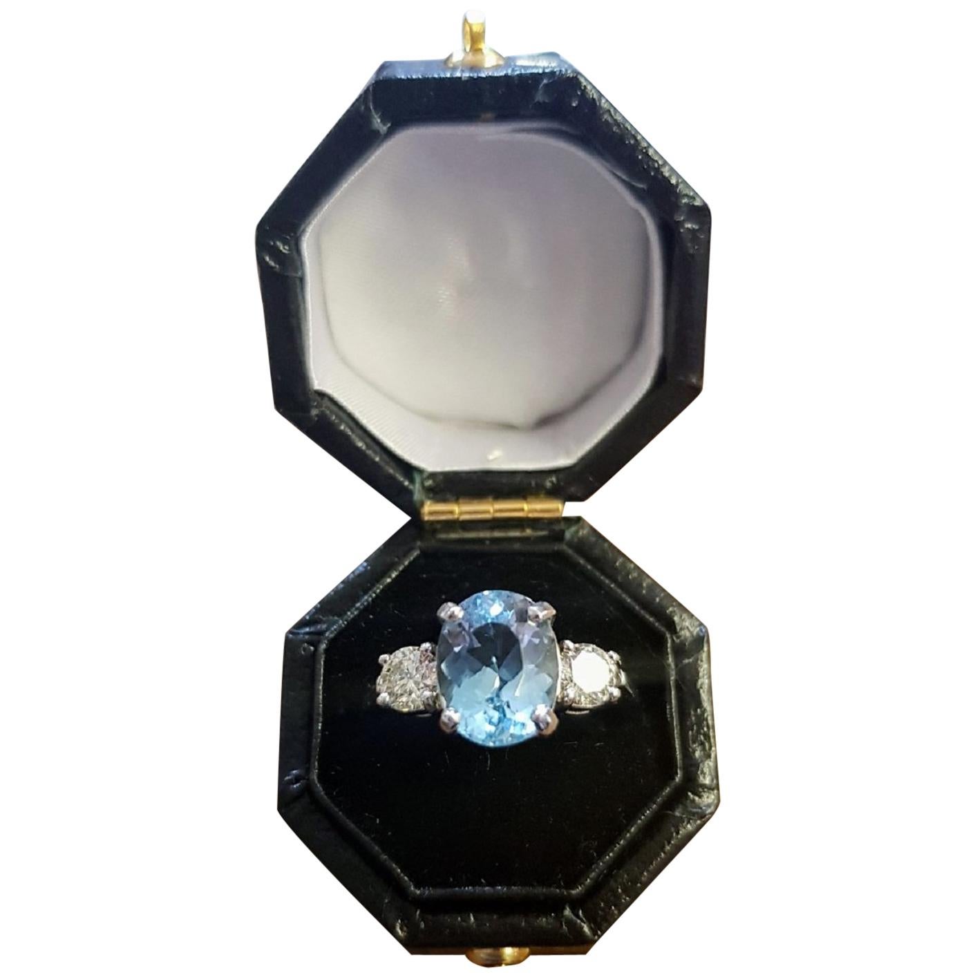 Three-Stone Aquamarine and Diamond Ring For Sale