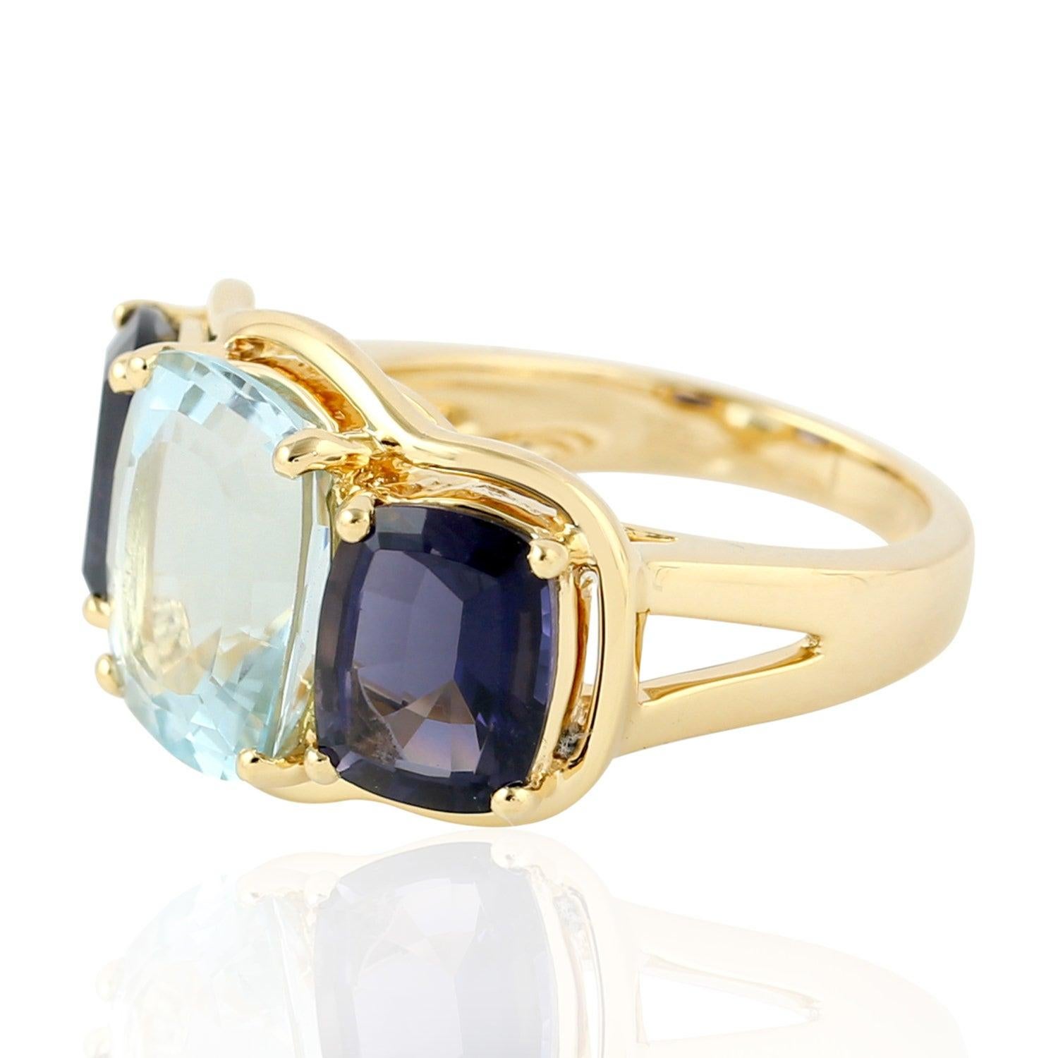 For Sale:  Three Stone Aquamarine Iolite 18 Karat Gold Ring  2