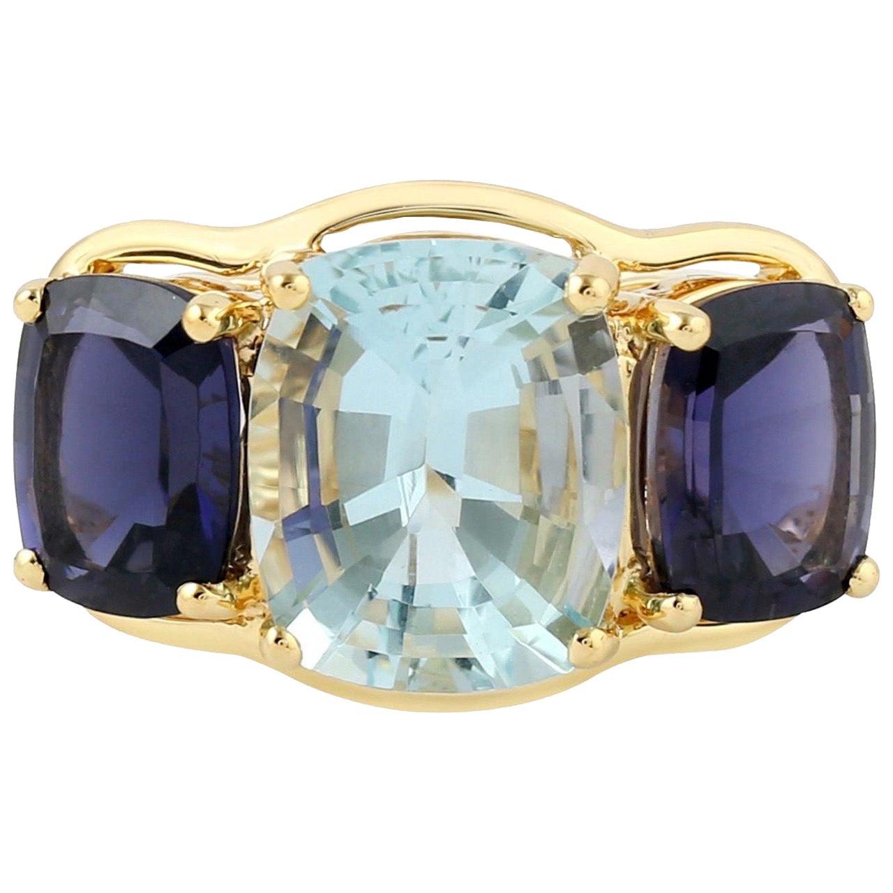For Sale:  Three Stone Aquamarine Iolite 18 Karat Gold Ring