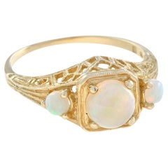 Three Stone Art Deco Style Opal Filigree Ring in 9K Yellow Gold