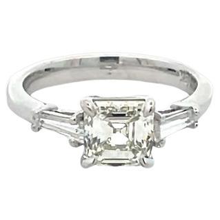 Three Stone Asscher cut Diamond Ring With Baguettes 1.70ct BG.32ct 18k WG   For Sale