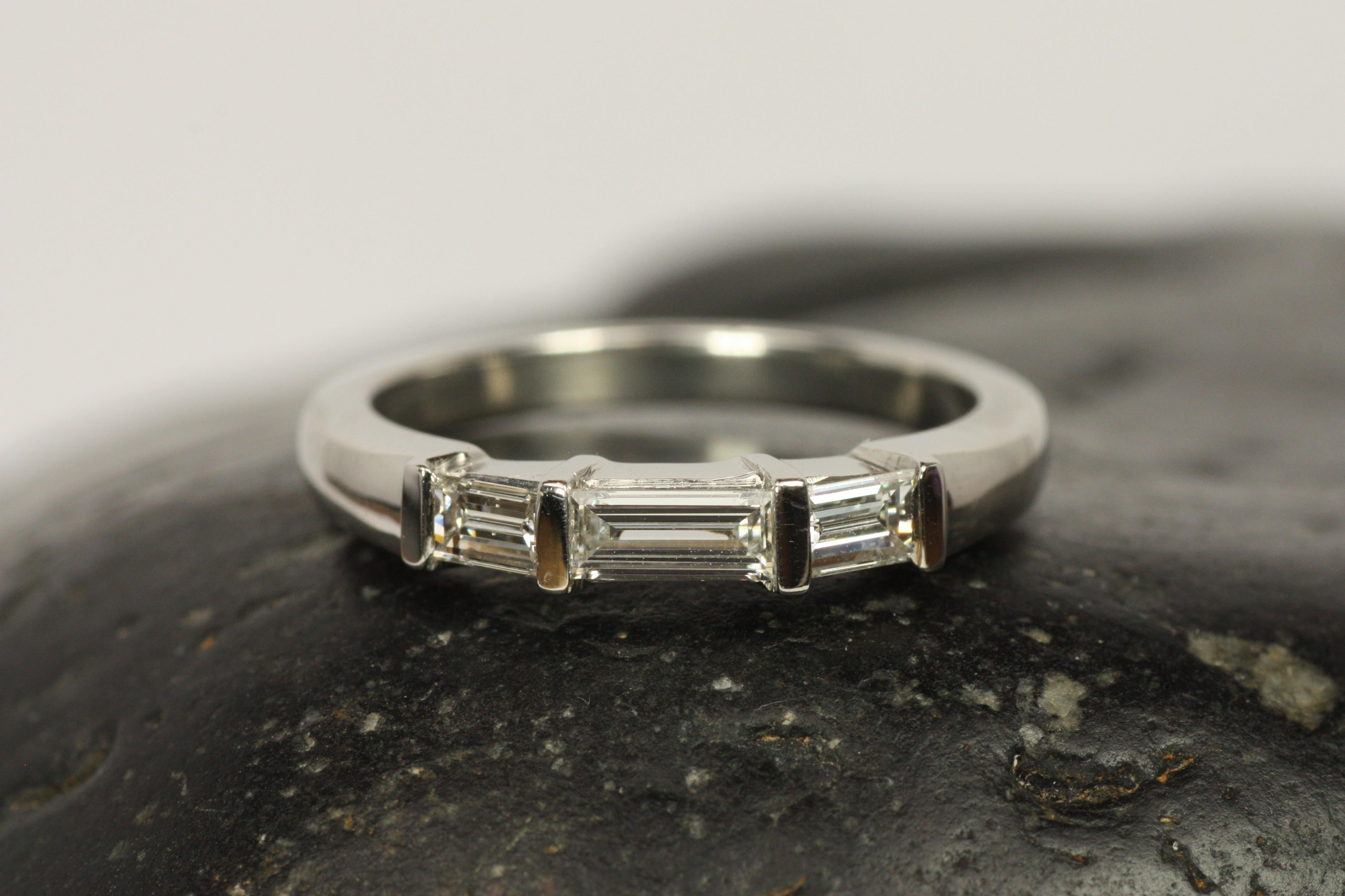 Three Stone Baguette Cut Diamond Bar-Set Platinum Wedding Band For Sale 1
