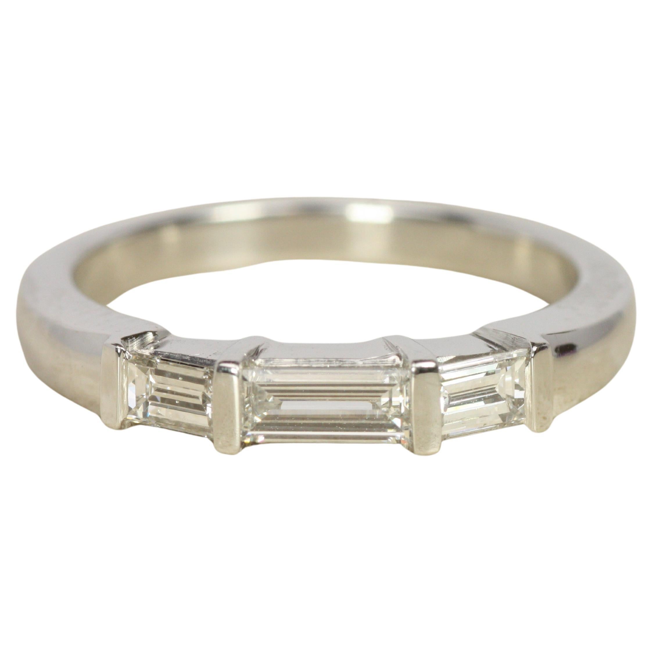 Three Stone Baguette Cut Diamond Bar-Set Platinum Wedding Band For Sale