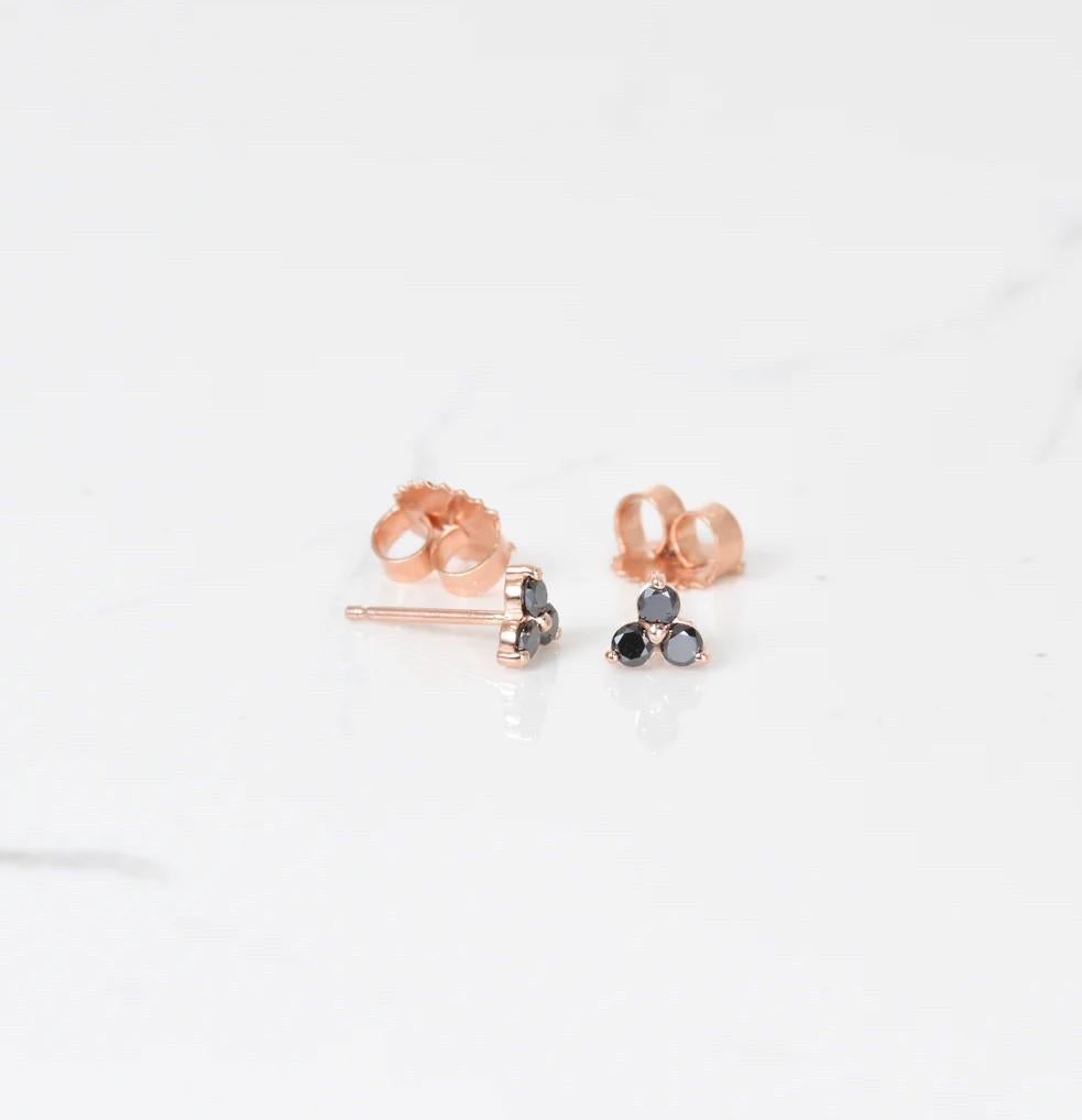 Round Cut Three Stone Black Diamond Stud Earrings in Rose Gold For Sale
