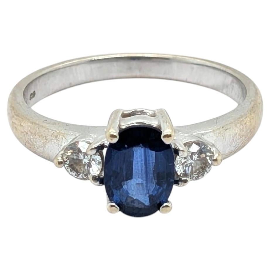 Three-Stone Blue Oval GIA Sapphire & Diamond Ring in 18k White Gold - Size 6.75