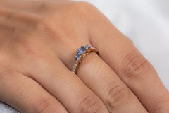 Minimalist Three Stone Blue Sapphire and Diamond Ring in 14K Solid Yellow Gold