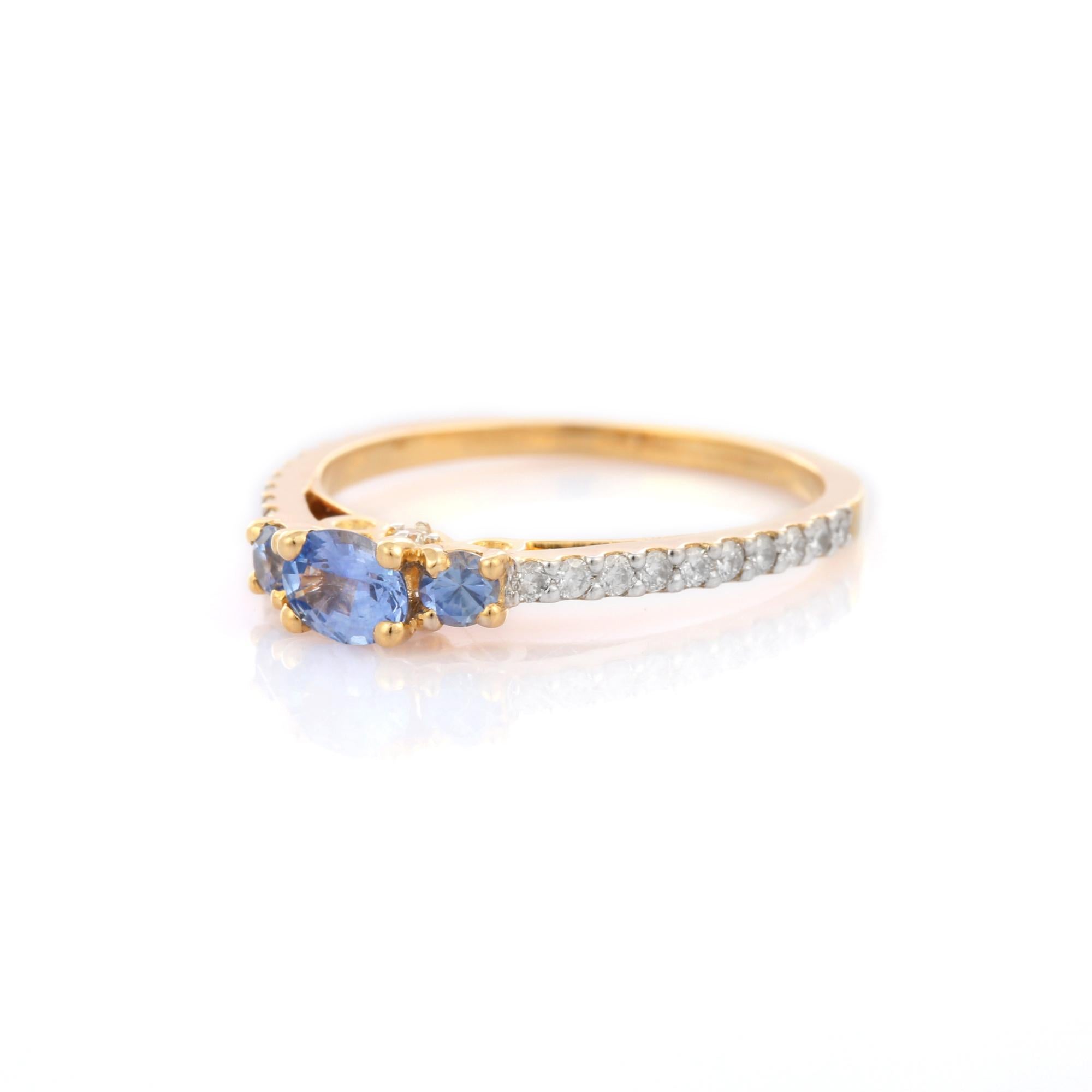 For Sale:  Minimalist Three Stone Blue Sapphire and Diamond Ring in 14K Solid Yellow Gold 3