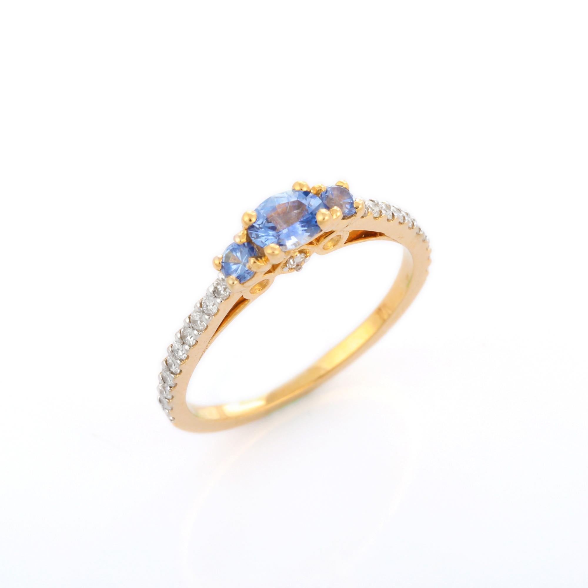 For Sale:  Minimalist Three Stone Blue Sapphire and Diamond Ring in 14K Solid Yellow Gold 7