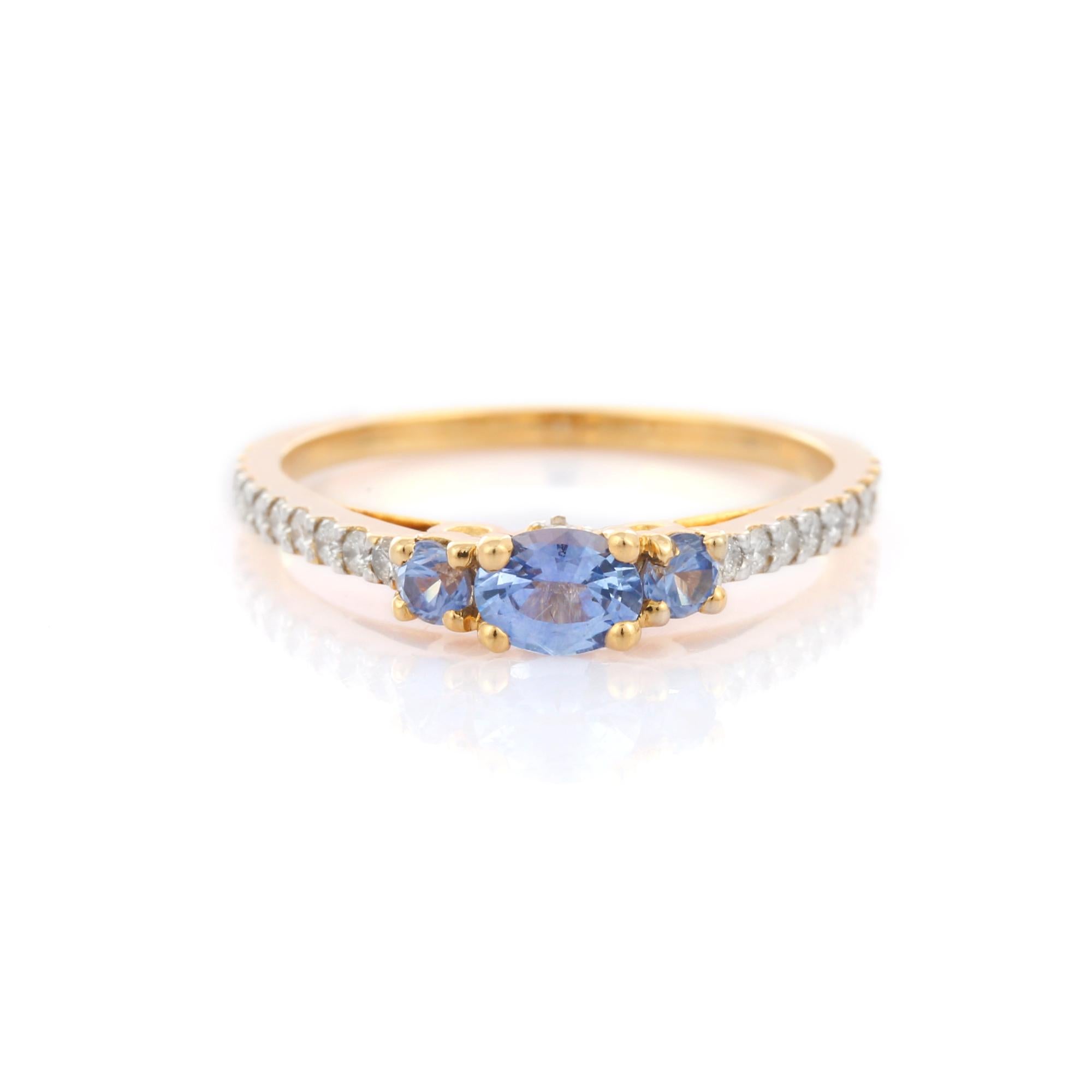 For Sale:  Minimalist Three Stone Blue Sapphire and Diamond Ring in 14K Solid Yellow Gold 9