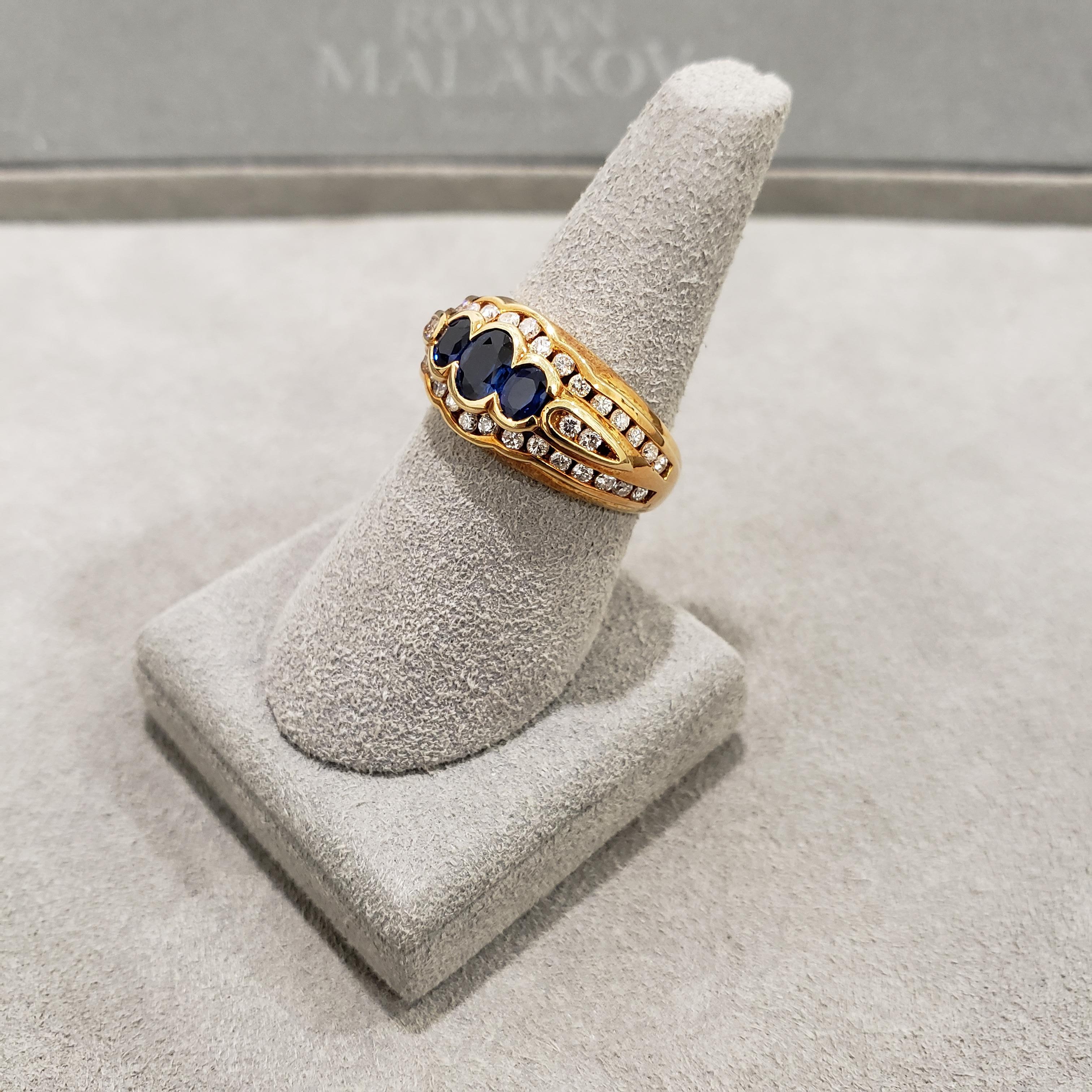 Three-Stone Blue Sapphire and Diamond Fashion Ring For Sale 1