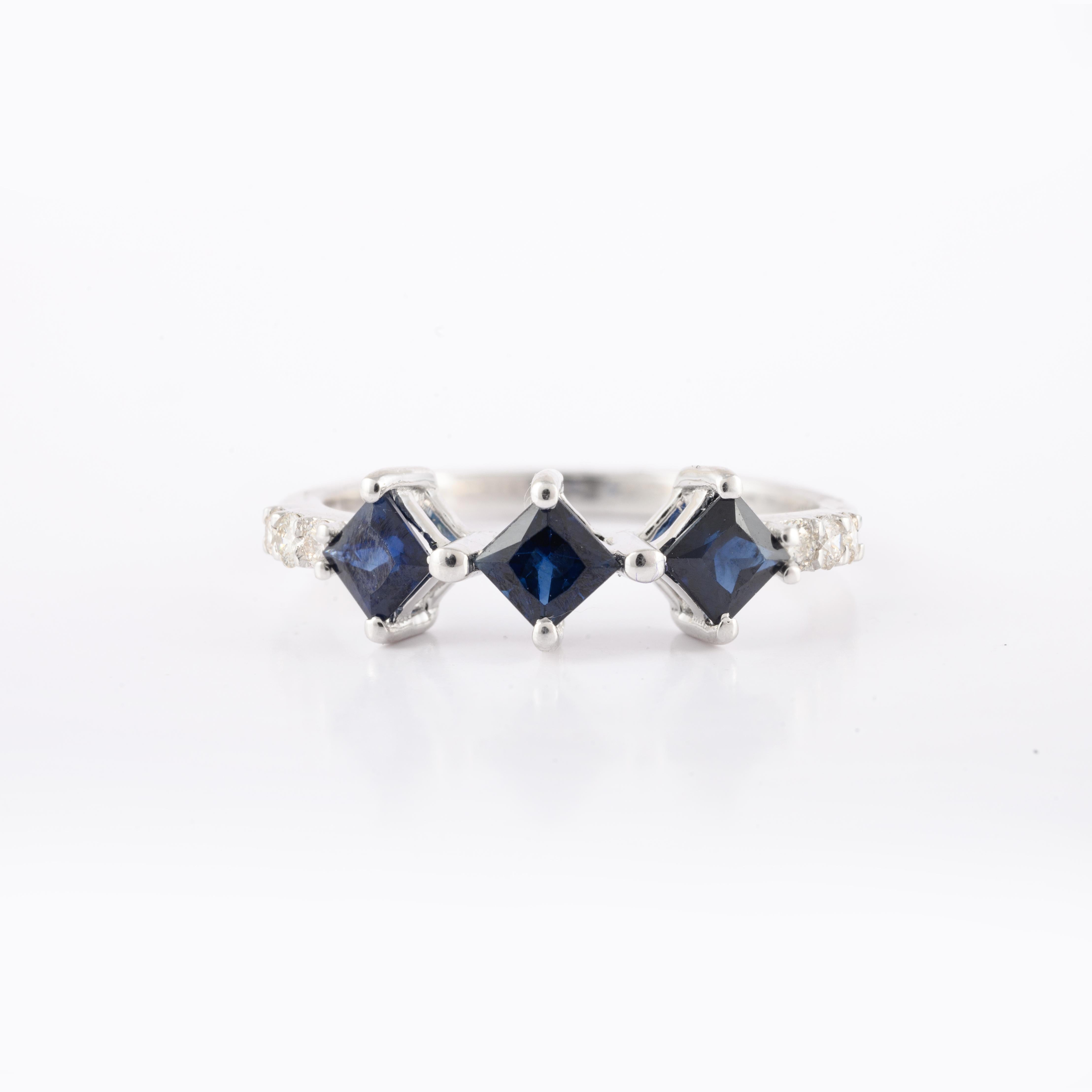 For Sale:  Three-Stone Blue Sapphire Diamond Accent Engagement Ring in 14k Solid White Gold 2