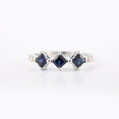 Three-Stone Blue Sapphire Diamond Accent Engagement Ring in 14k Solid White Gold