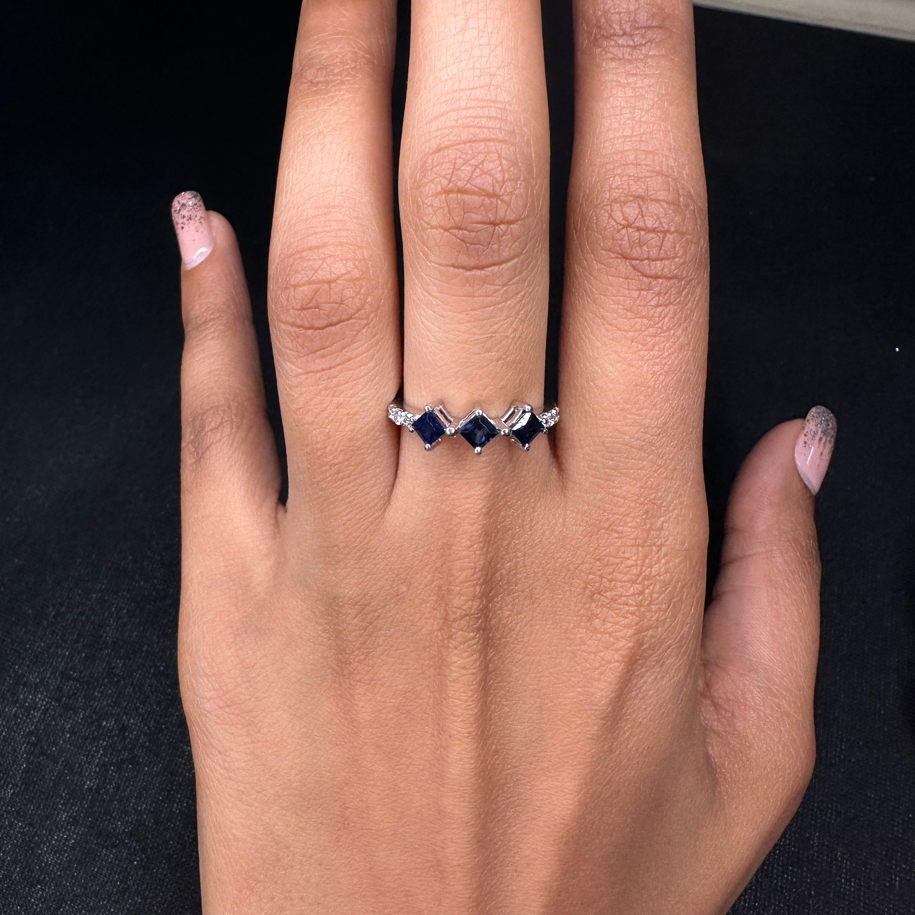 For Sale:  Three-Stone Blue Sapphire Diamond Accent Engagement Ring in 14k Solid White Gold 3