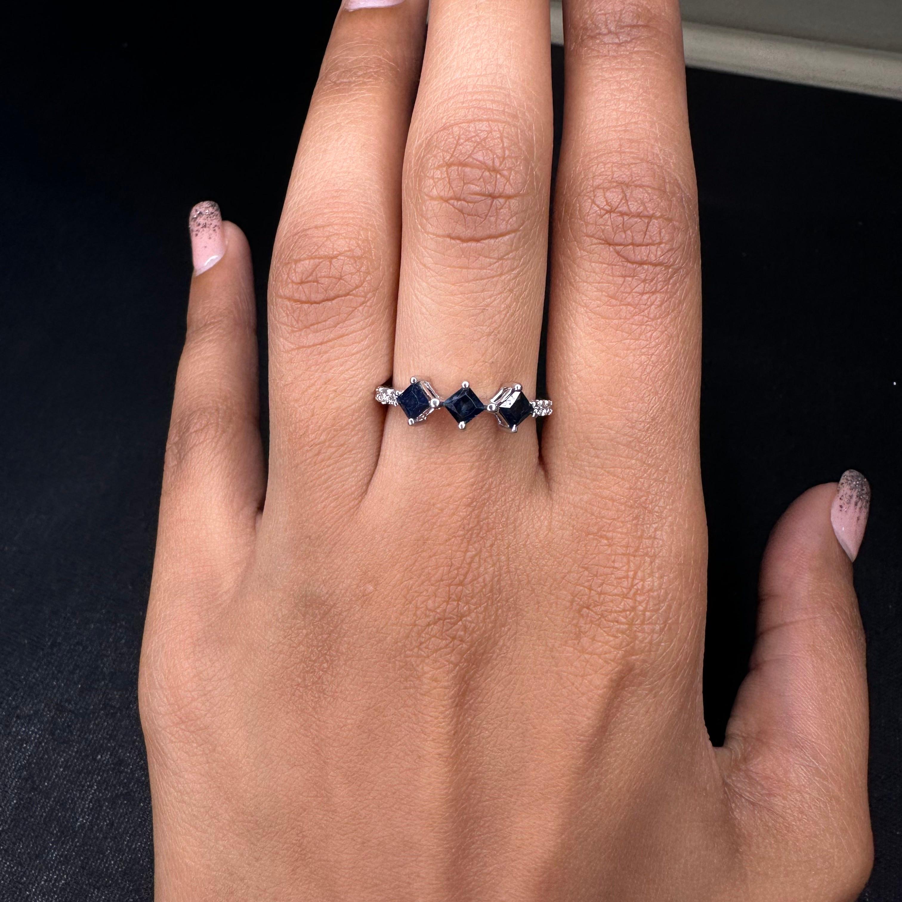 For Sale:  Three-Stone Blue Sapphire Diamond Accent Engagement Ring in 14k Solid White Gold 5