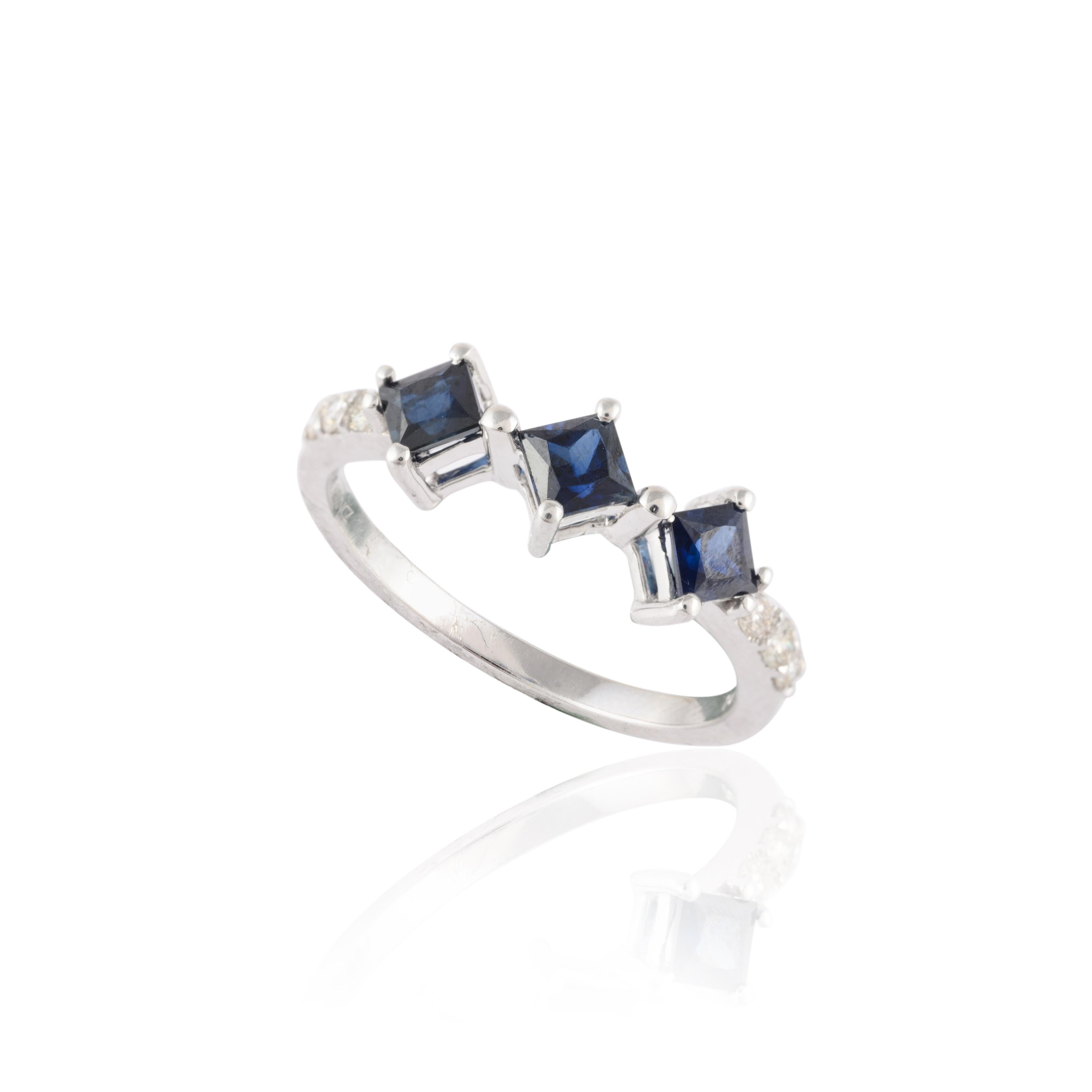 For Sale:  Three-Stone Blue Sapphire Diamond Accent Engagement Ring in 14k Solid White Gold 7