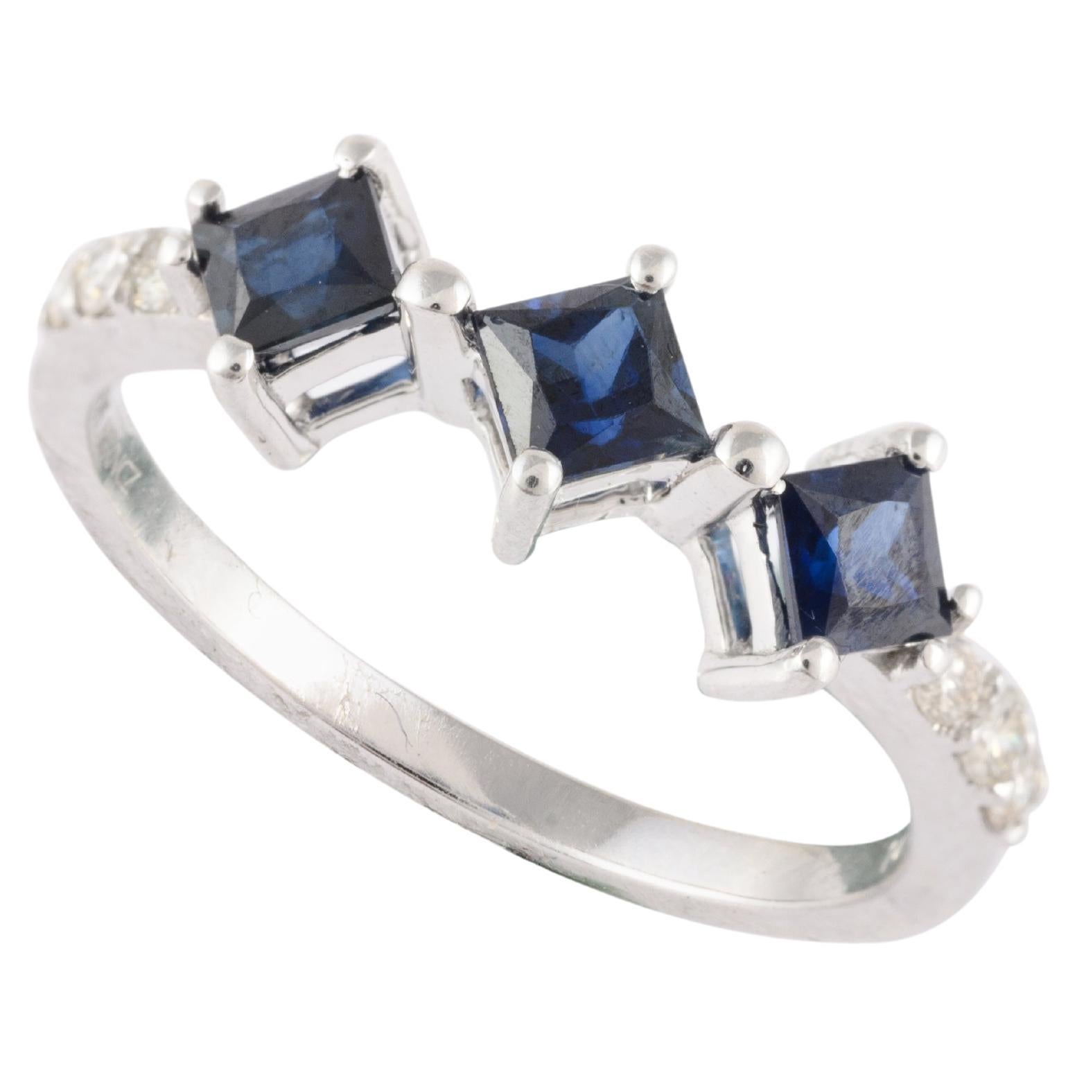 For Sale:  Three-Stone Blue Sapphire Diamond Accent Engagement Ring in 14k Solid White Gold