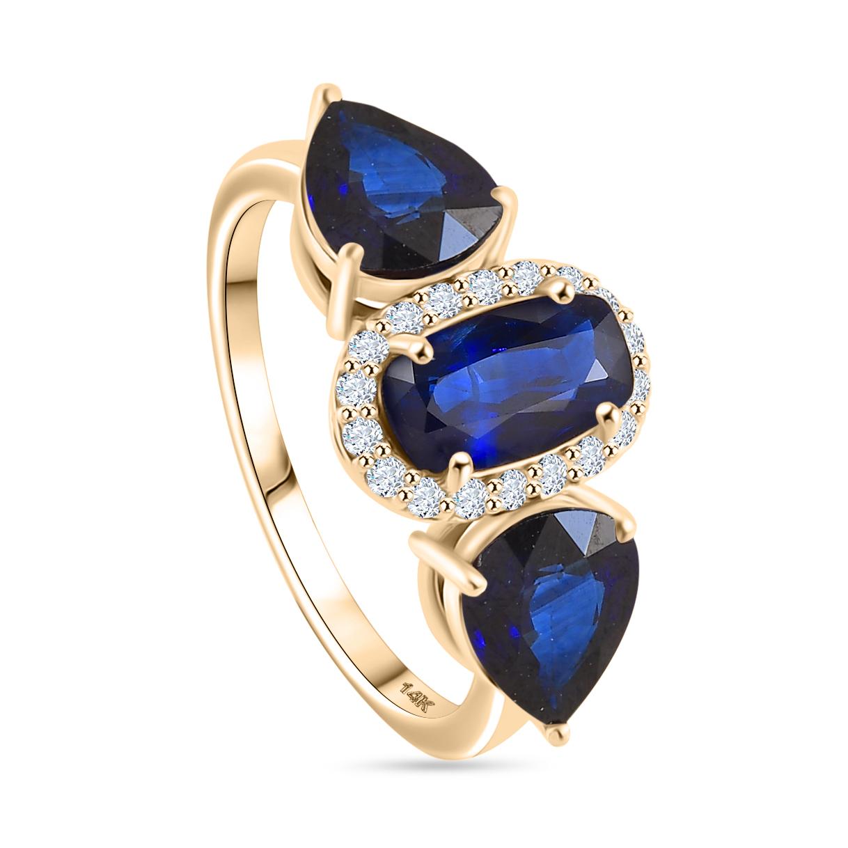 For Sale:  Three Stone Blue Sapphire Engagement Ring with Diamonds in 14k Yellow Gold 3