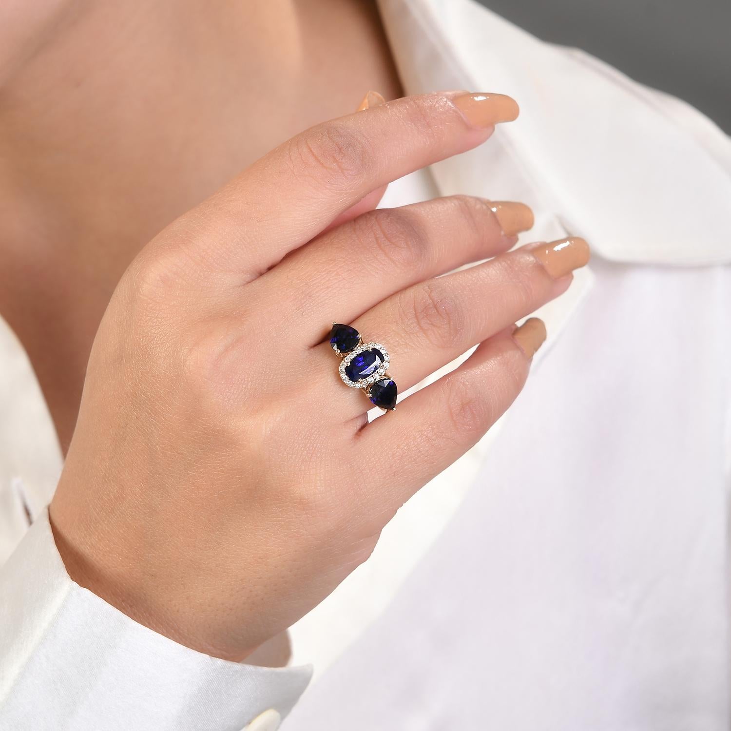 For Sale:  Three Stone Blue Sapphire Engagement Ring with Diamonds in 14k Yellow Gold 2