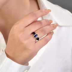 Three Stone Blue Sapphire Engagement Ring with Diamonds in 14k Yellow Gold