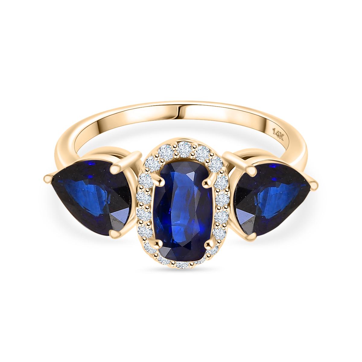 For Sale:  Three Stone Blue Sapphire Engagement Ring with Diamonds in 14k Yellow Gold 7