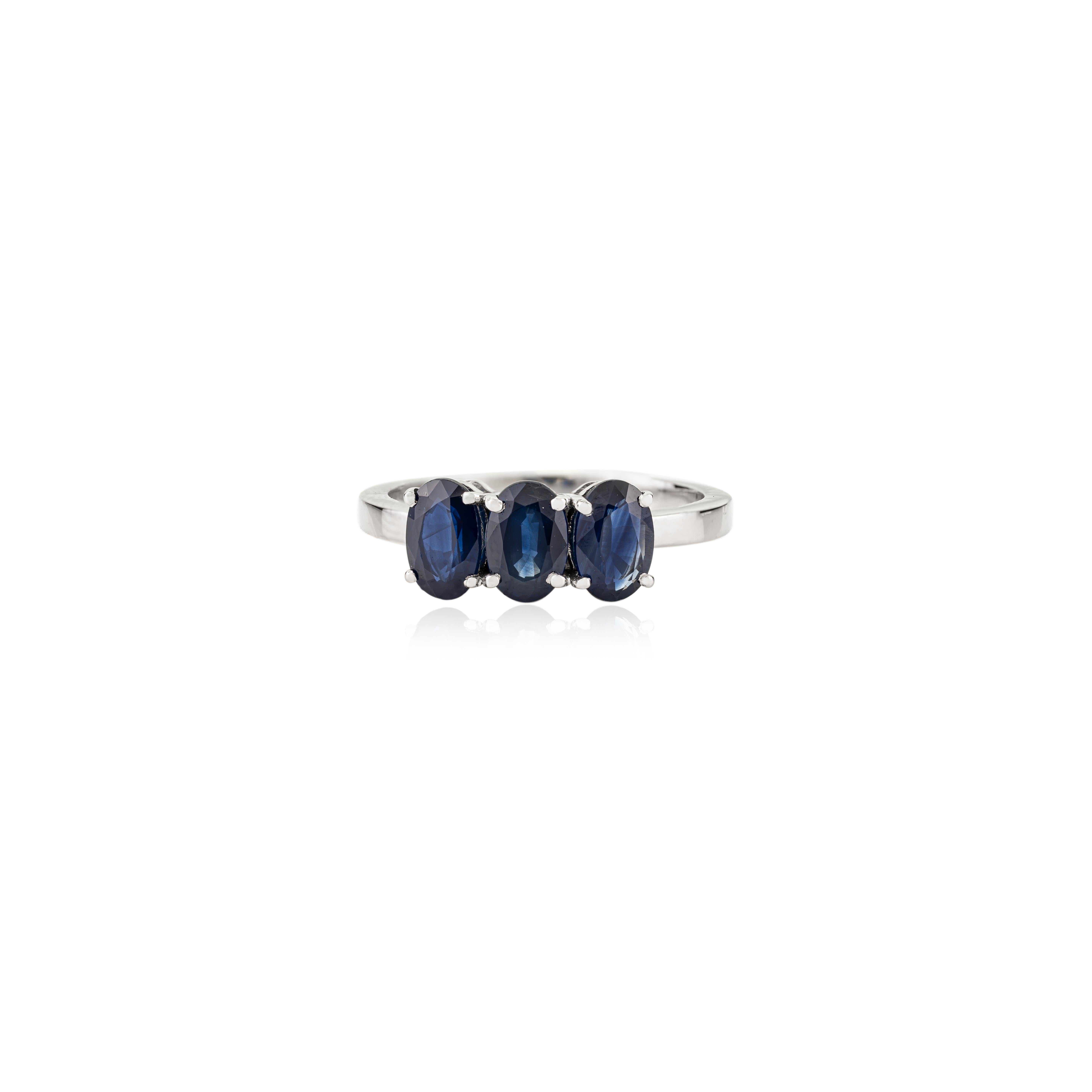 For Sale:  Three Stone Blue Sapphire Ring in 18K Solid White Gold 2 Carat Engagement Style