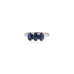 Three Stone Blue Sapphire Ring in 18K Solid White Gold 2 Carat Engagement Style