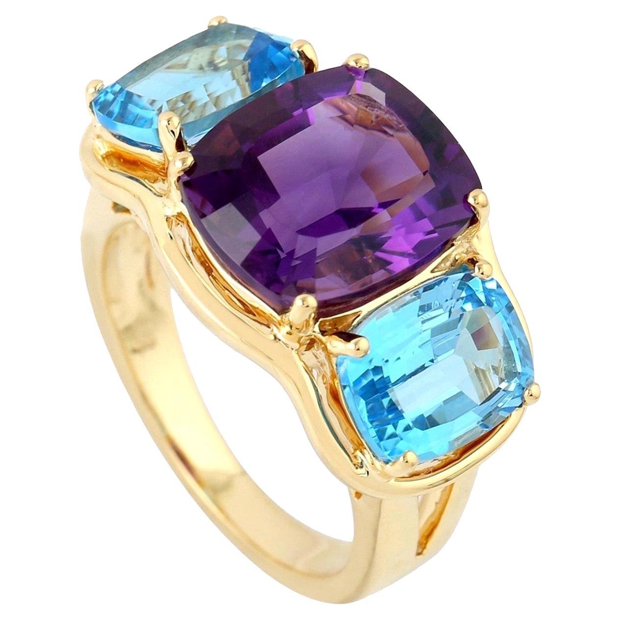 For Sale:  Three Stone Blue Topaz Amethyst 18 Karat Gold Ring 128/2