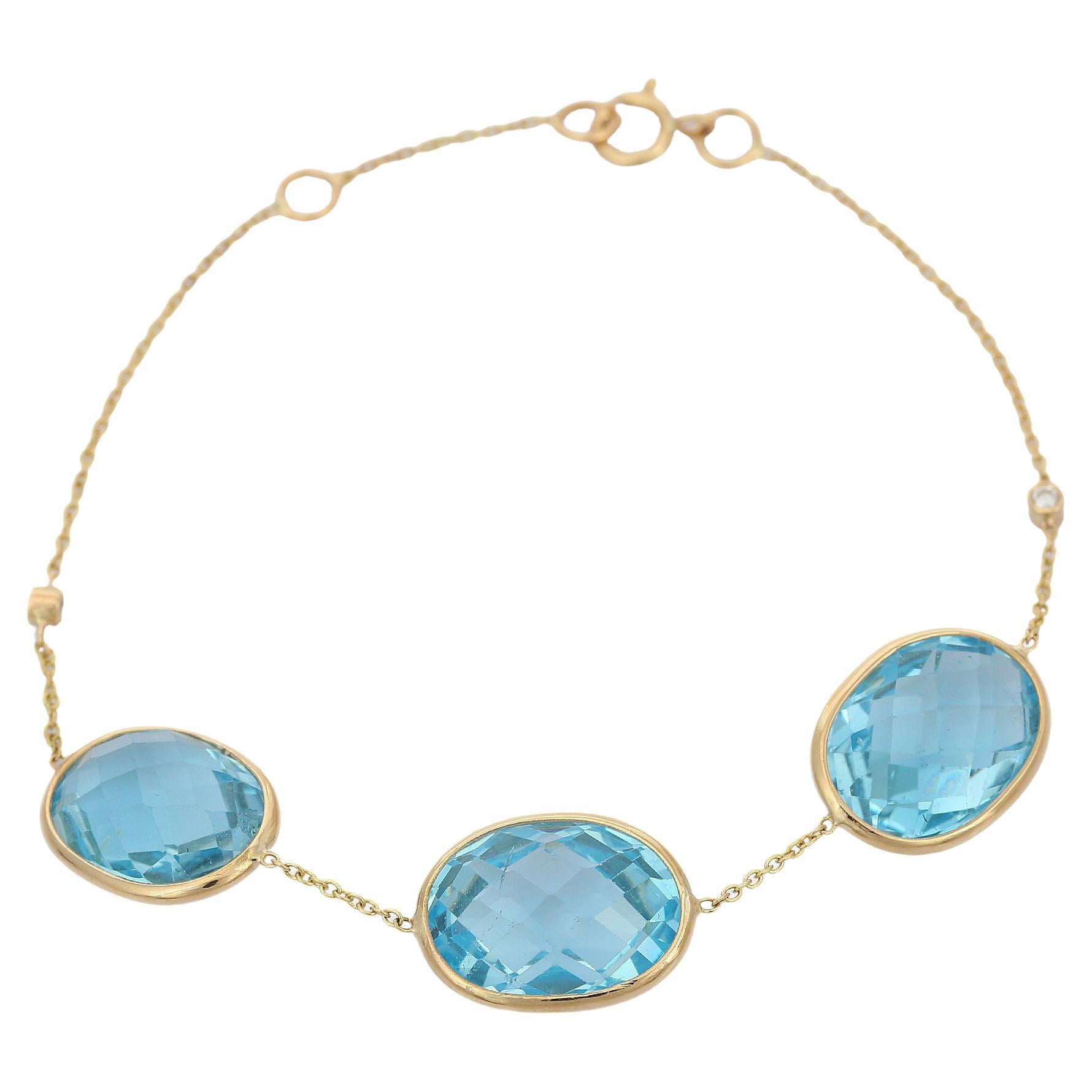 Three Stone Blue Topaz Chain Bracelet in 18 Karat Solid Yellow Gold For Sale