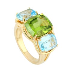 Three Stone Blue Topaz Peridot 18 Karat Gold Ring 145/5