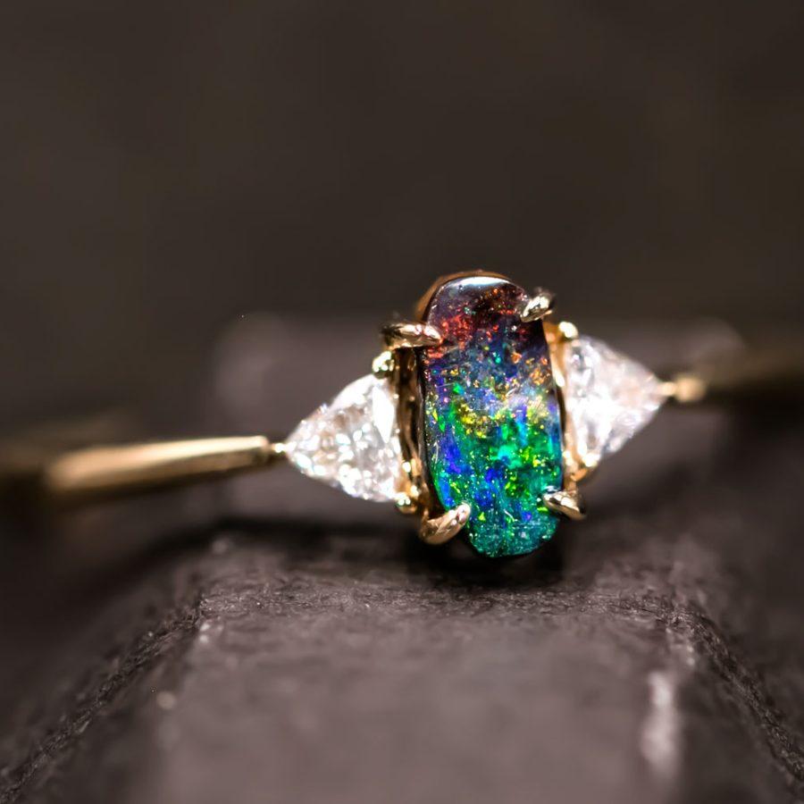Arts and Crafts Three Stone Boulder Opal Trillion Diamond Engagement Ring 18K Yellow Gold For Sale