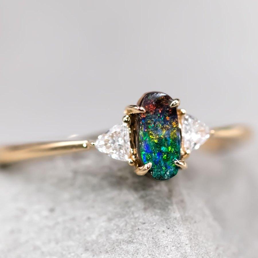 Arts and Crafts Three Stone Boulder Opal Trillion Diamond Engagement Ring 18K Yellow Gold