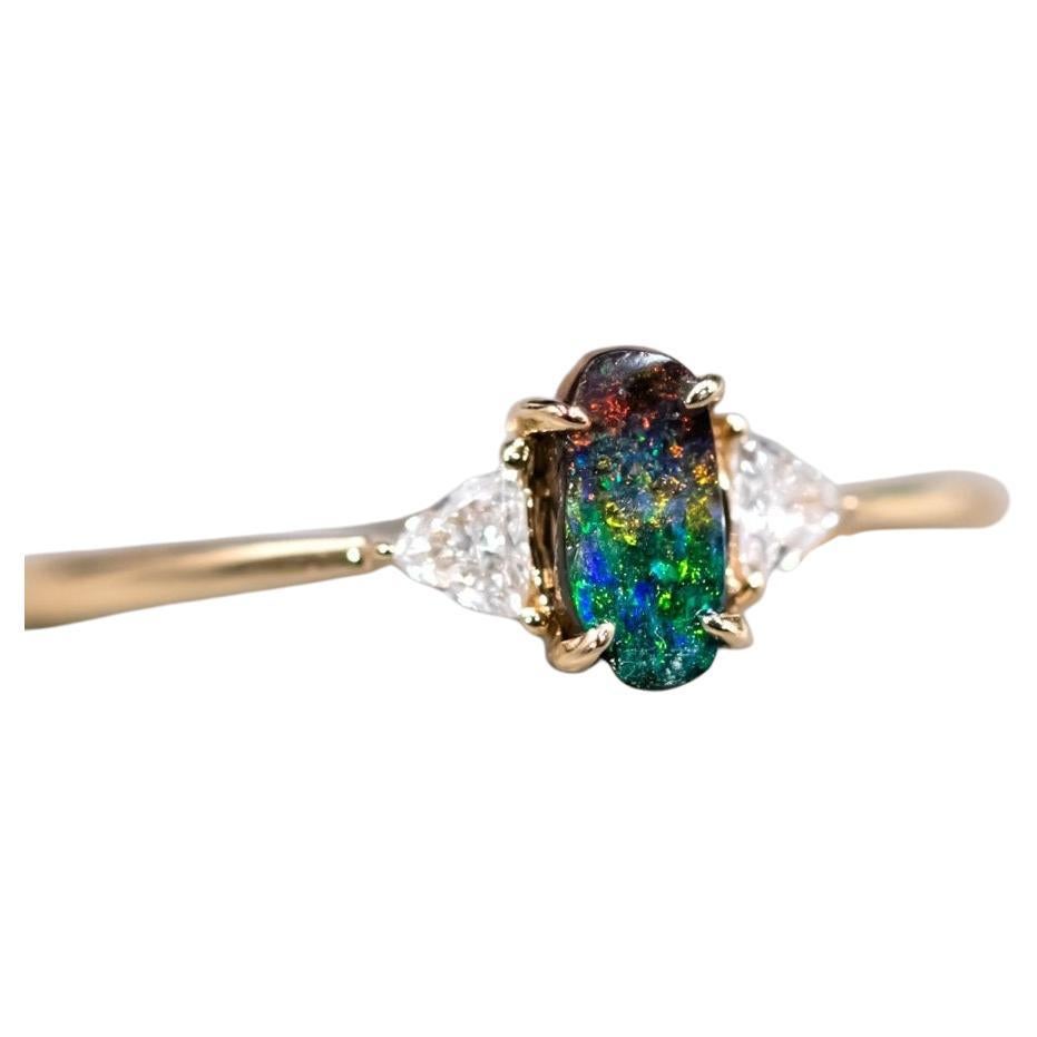 Three Stone Boulder Opal Trillion Diamond Engagement Ring 18K Yellow Gold For Sale