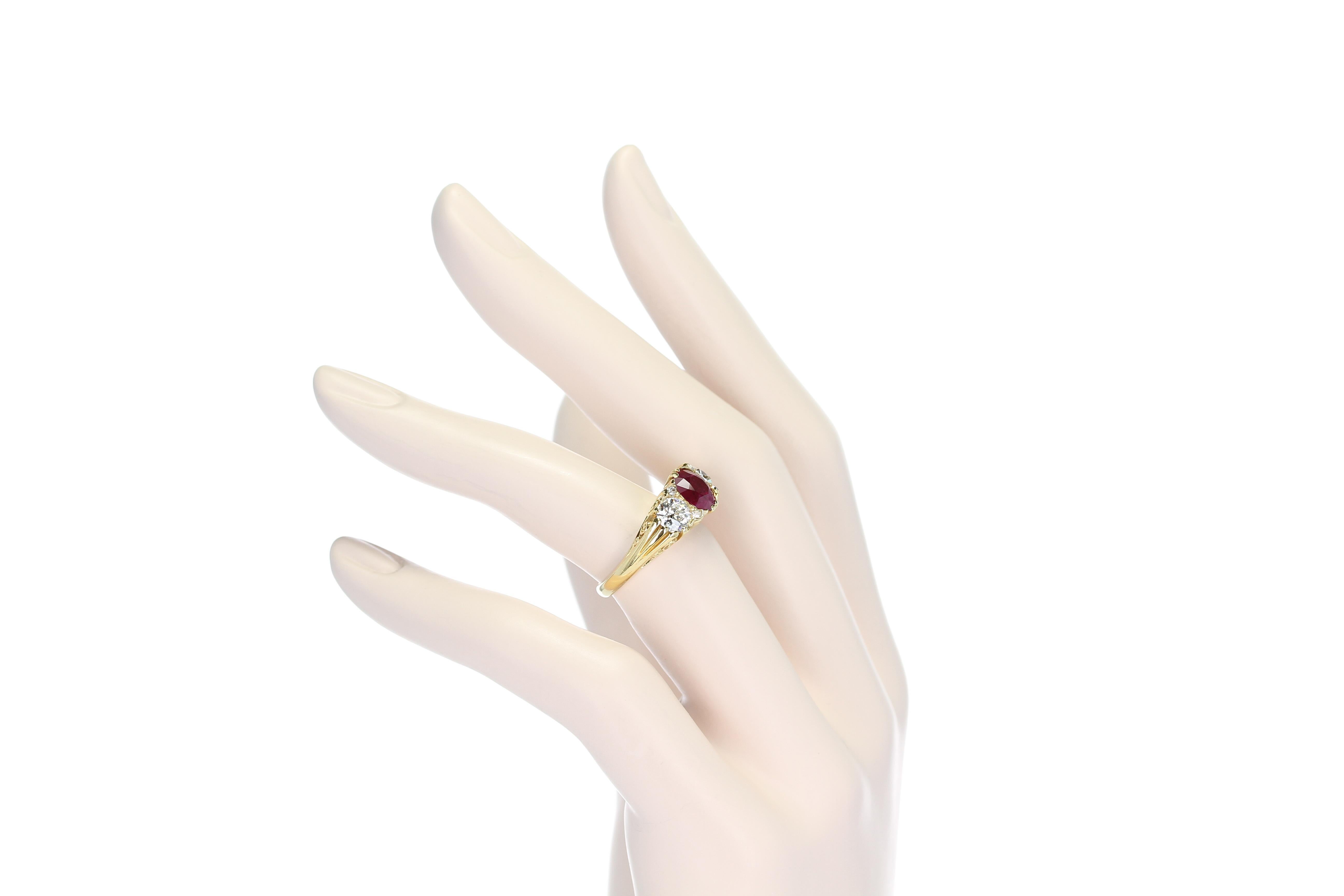 Edwardian Three Stone Burma No Heat Ruby and Old European Diamond Filigree Ring