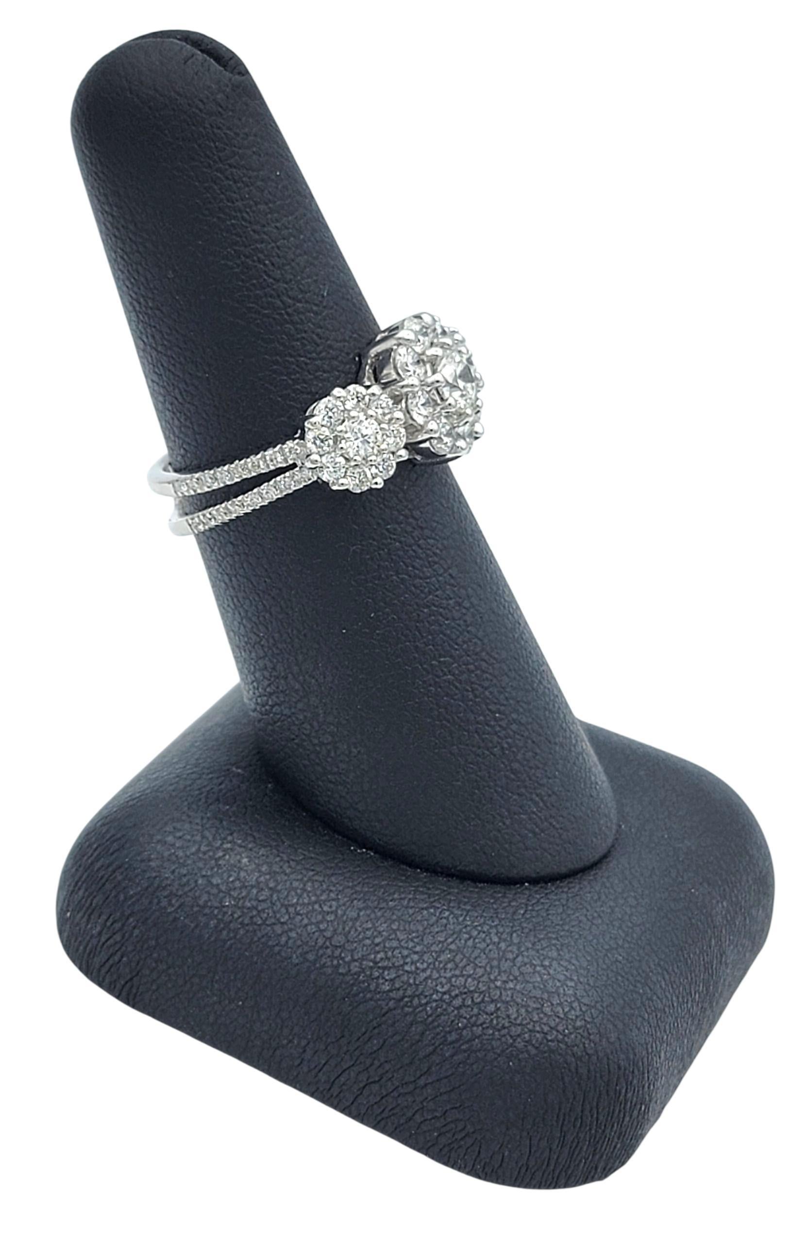 Three Stone Cluster Style Diamond Halo Split Shank Ring in 18 Karat White Gold en vente 5