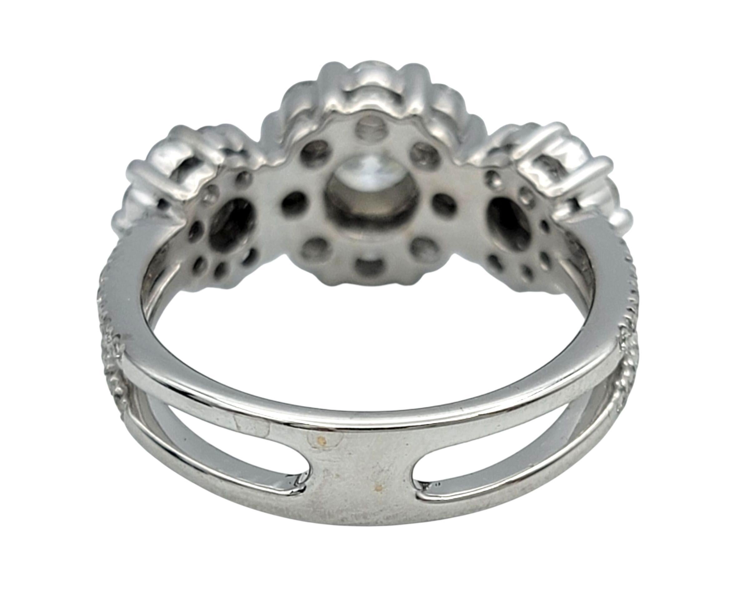 Three Stone Cluster Style Diamond Halo Split Shank Ring in 18 Karat White Gold Pour femmes en vente
