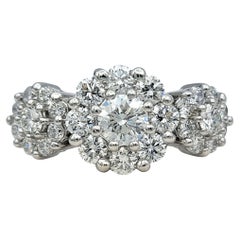 Three Stone Cluster Style Diamond Halo Split Shank Ring in 18 Karat White Gold