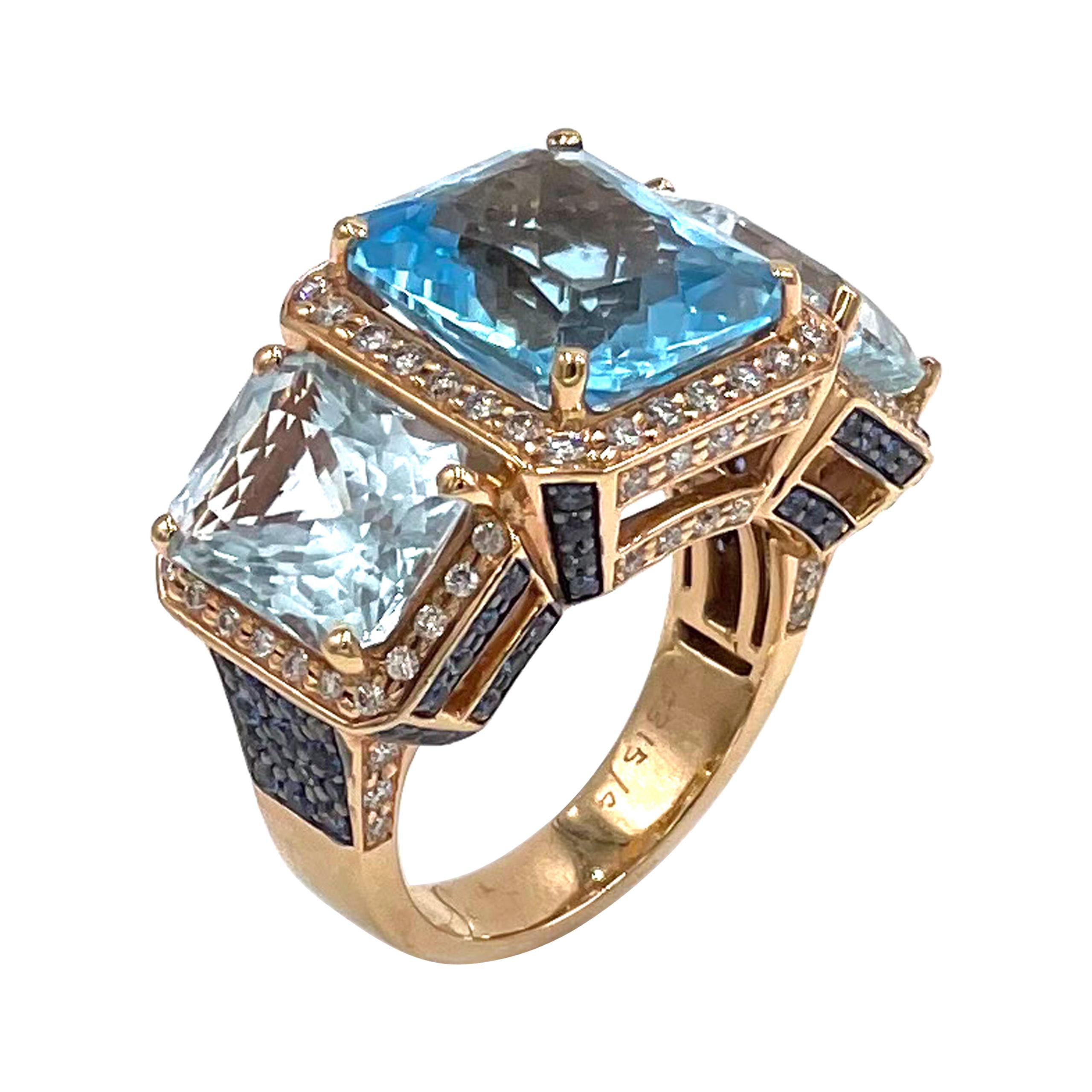 Three Stone Cocktail Ring 18k Rose Gold Ring with 16.78 Carats Blue Topaz