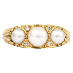 Vintage Three Stone Cultured Pearl and Diamond 18 Karat Yellow Gold Trilogy Ring