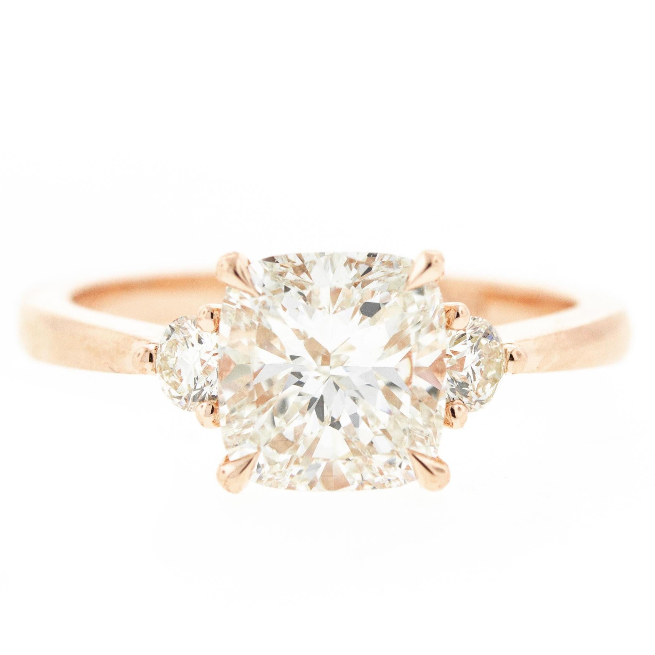 Three-Stone Cushion Cut Diamond Engagement Ring in Rose Gold 'GIA' For Sale