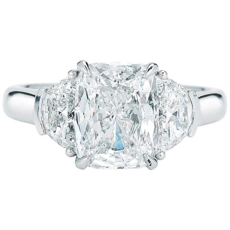 Three-Stone Cushion Cut Half Moon Diamond Engagement Ring in Platinum 4.12 Carat
