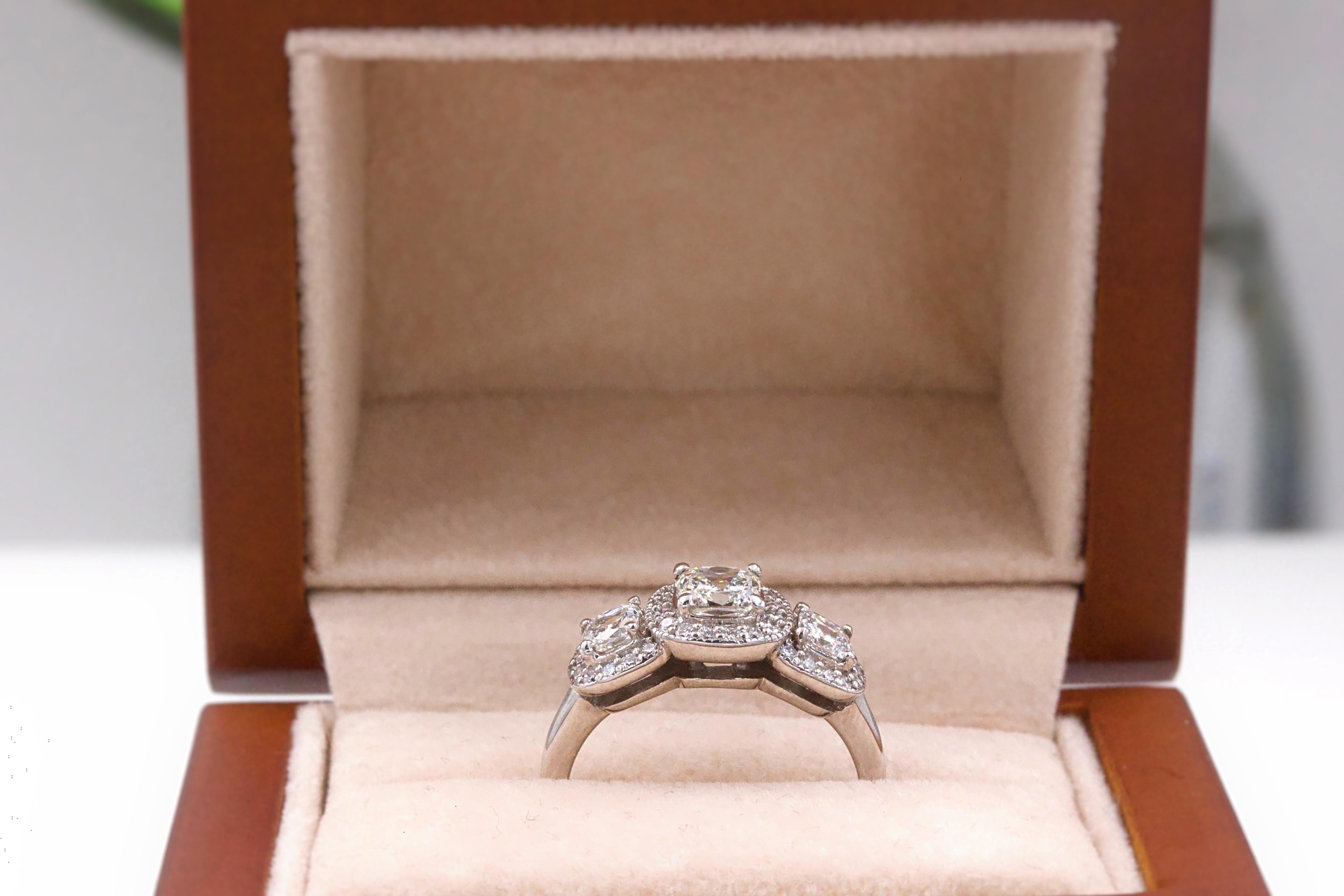 Cushion Cut Three Stone Cushion Diamond Engagement Ring 1.17 tcw Halo Design 14k White Gold For Sale