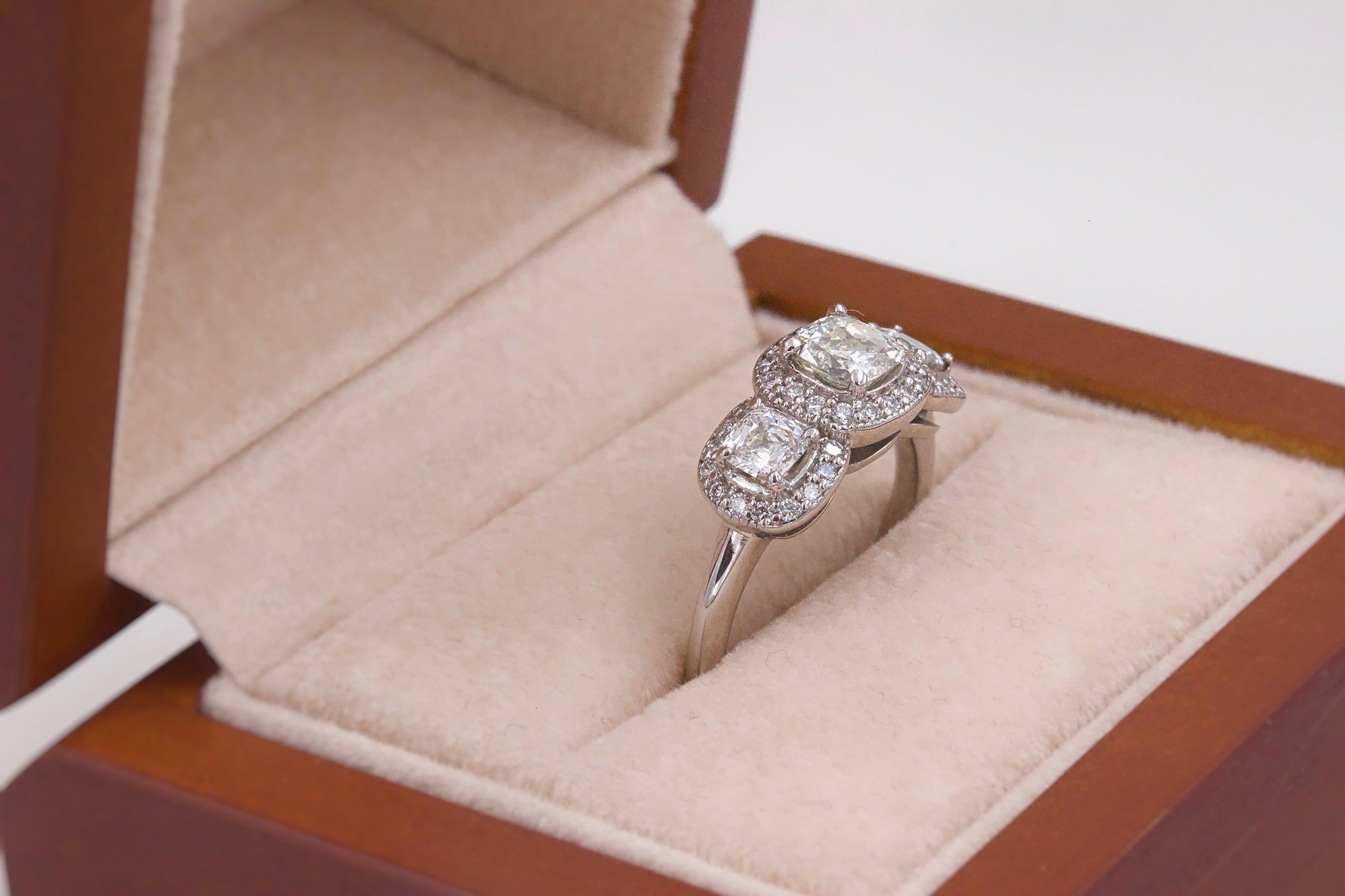 Three Stone Cushion Diamond Engagement Ring 1.17 tcw Halo Design 14k White Gold In Excellent Condition For Sale In San Diego, CA