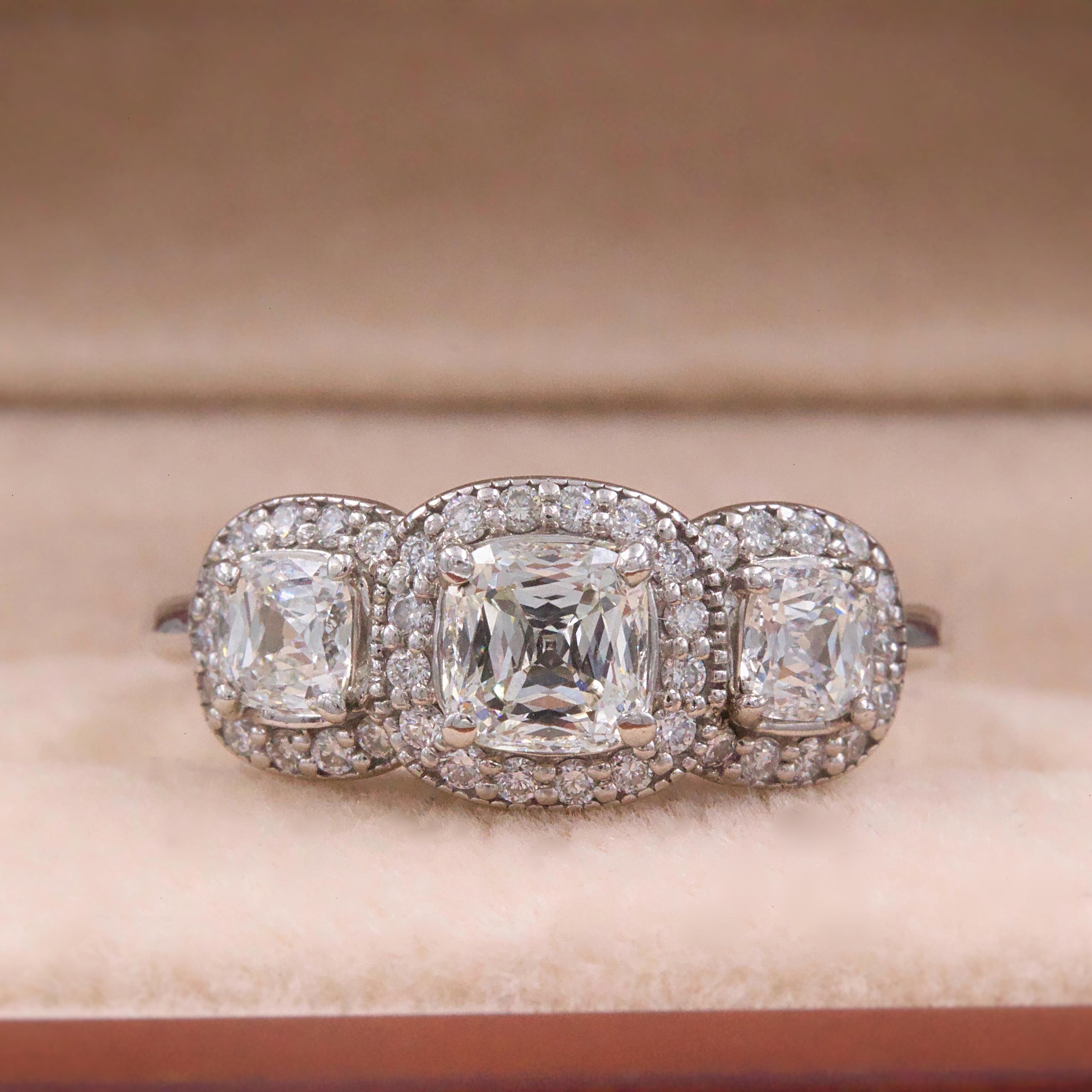 Women's Three Stone Cushion Diamond Engagement Ring 1.17 tcw Halo Design 14k White Gold For Sale