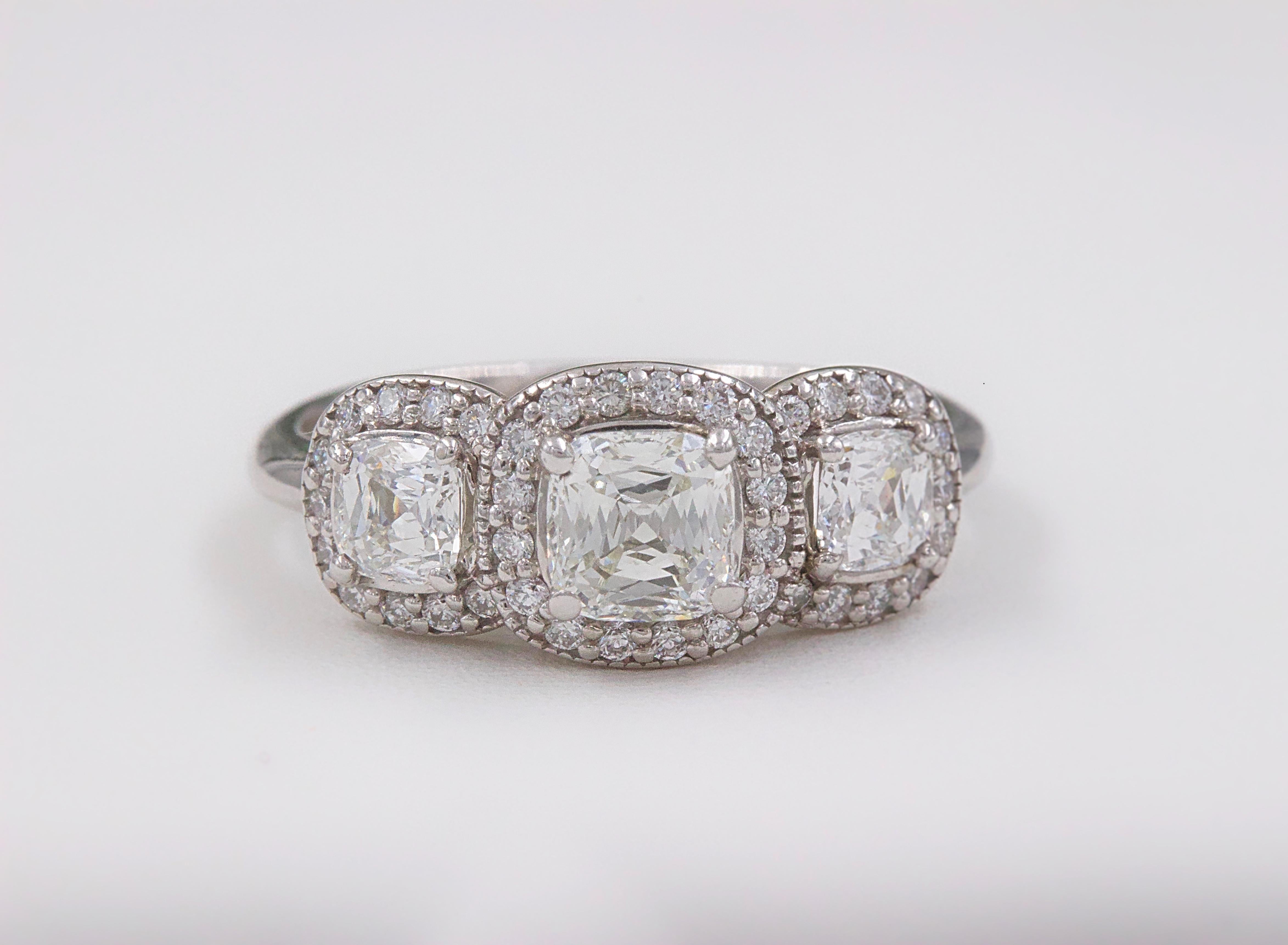 Three Stone Cushion Diamond Engagement Ring 1.17 tcw Halo Design 14k White Gold For Sale 1