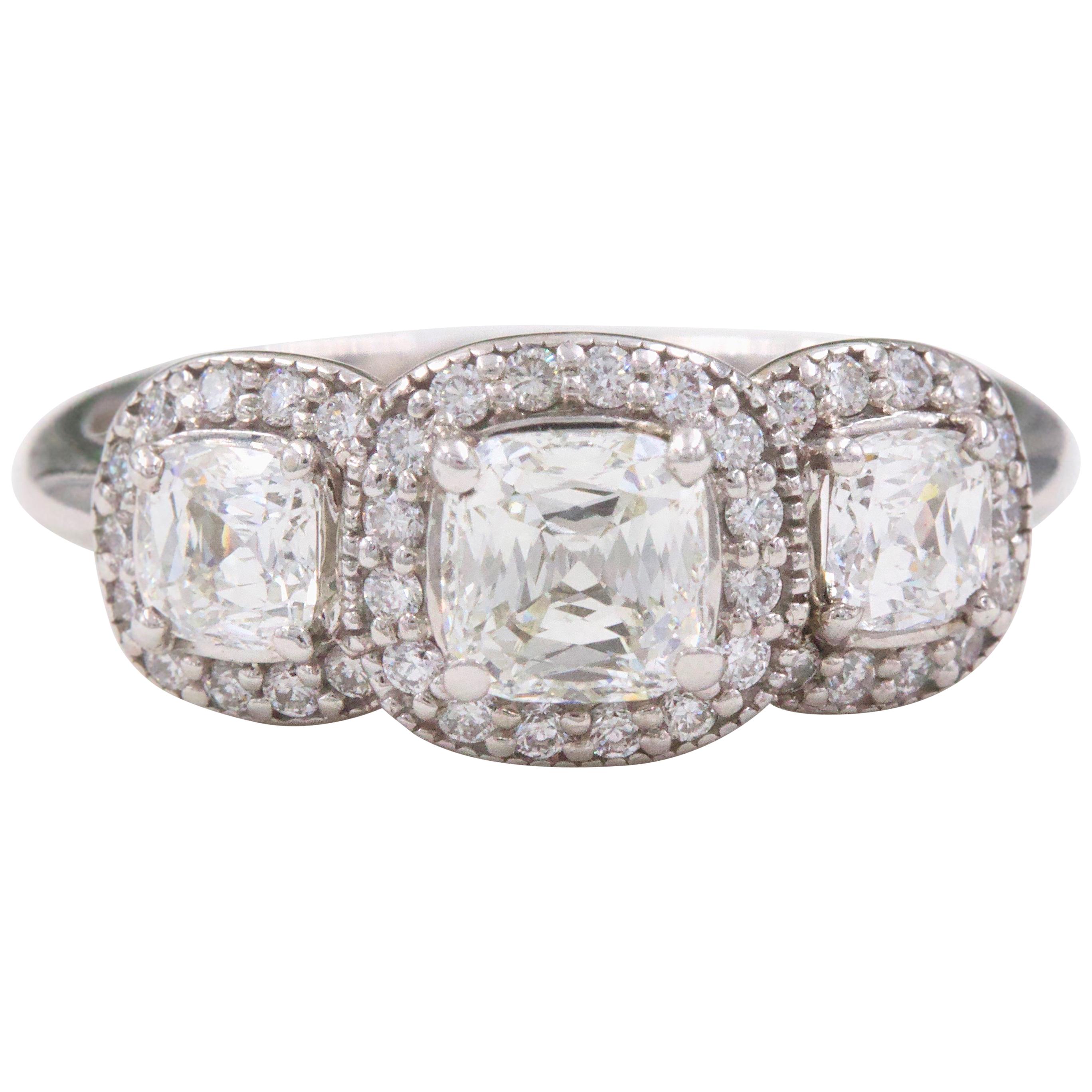 Three Stone Cushion Diamond Engagement Ring 1.17 tcw Halo Design 14k White Gold For Sale