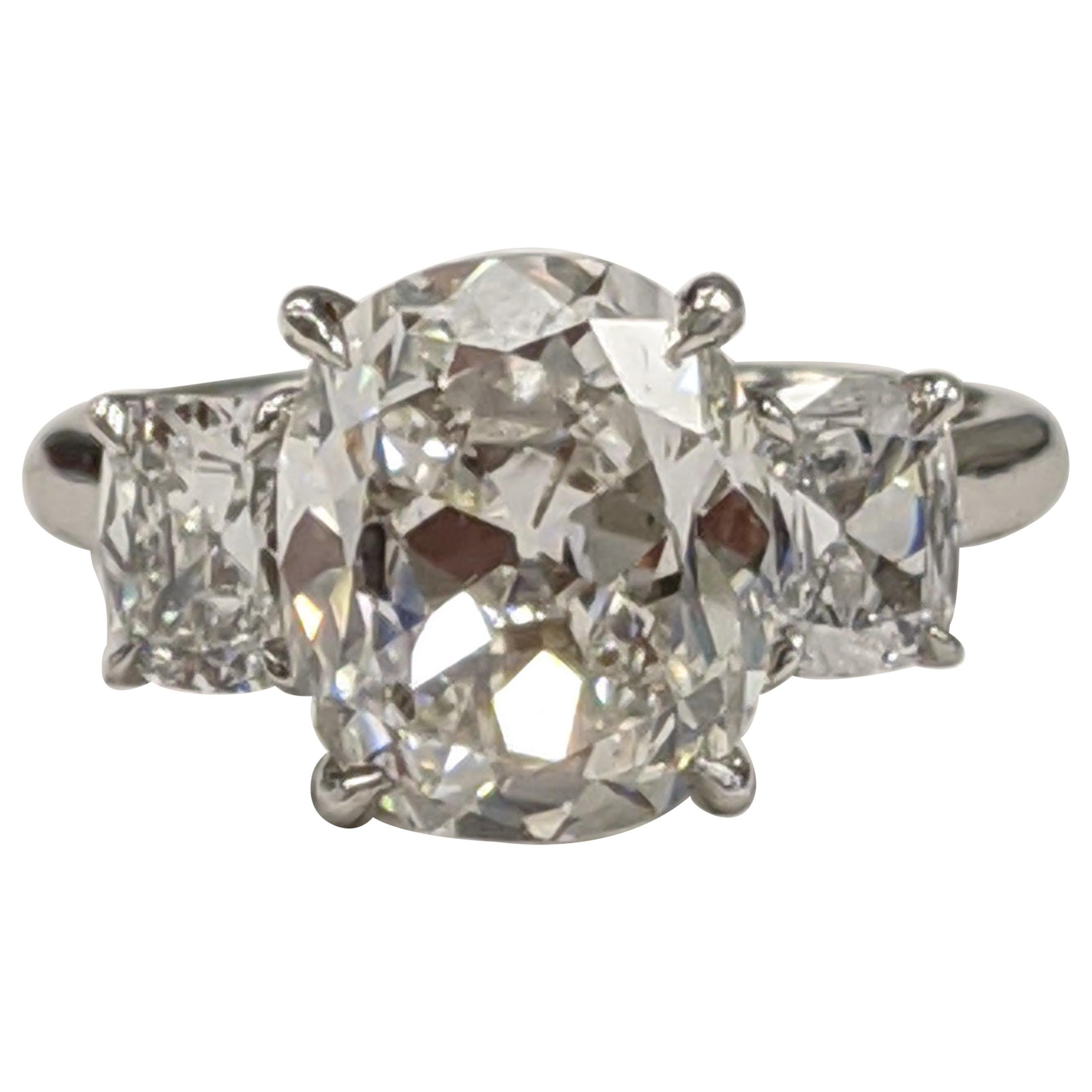 Three-Stone Cushion Diamond Ring Featuring 4 Carat G VS2 in Platinum 'GIA'