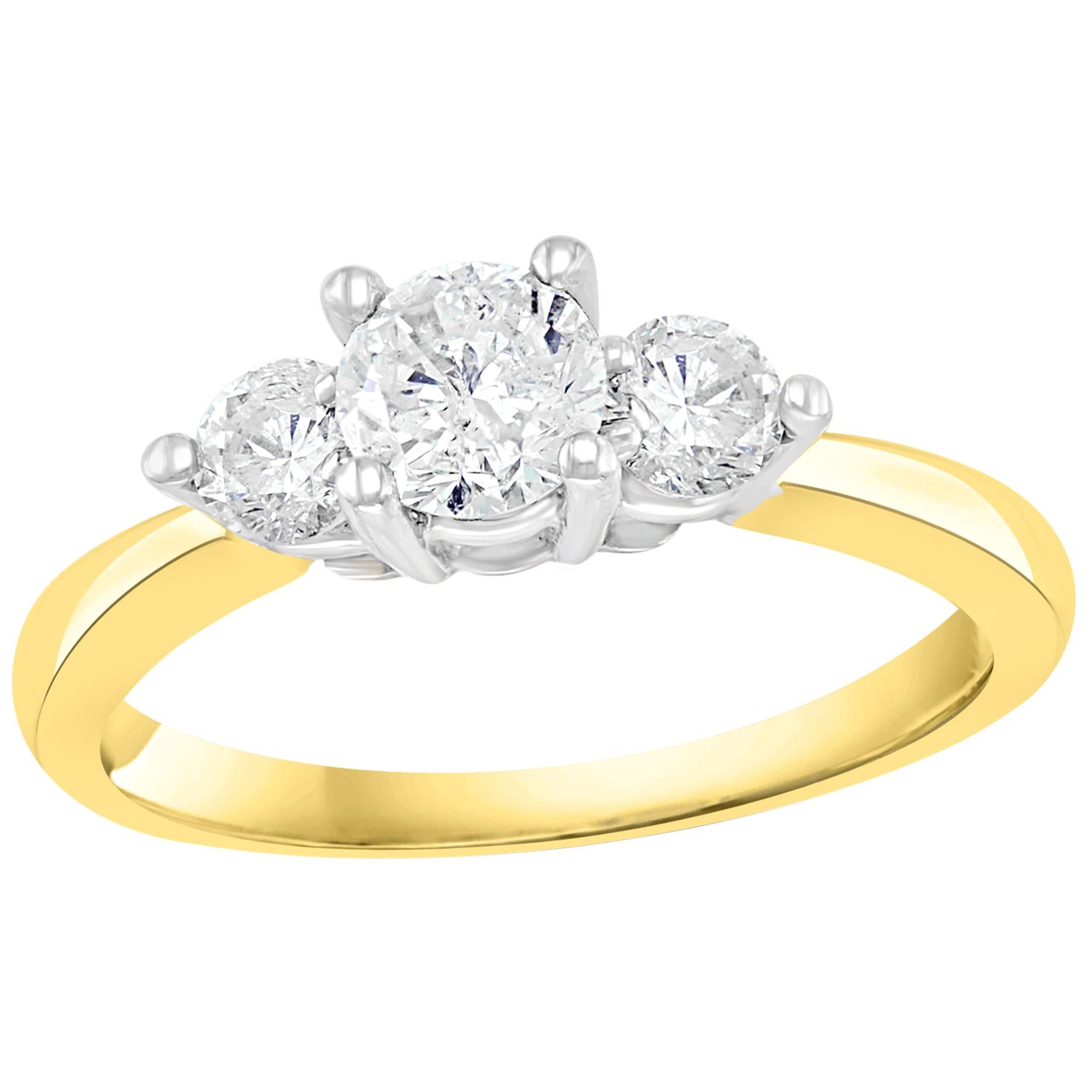 Three-Stone Diamond 1.0 Carat Traditional Ring/Band 14 Karat Yellow Gold For Sale