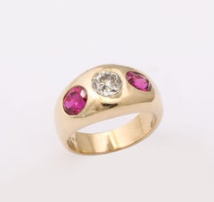 Three Stone Diamond and Natural Ruby Gold Ring