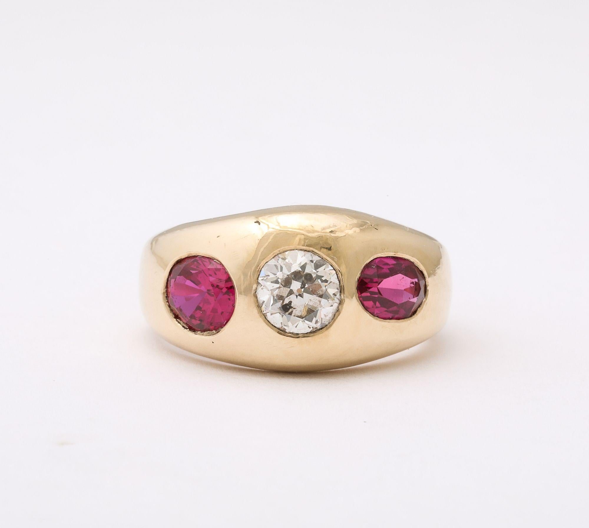 Old European Cut Three Stone Diamond and Natural Ruby Gold Ring For Sale